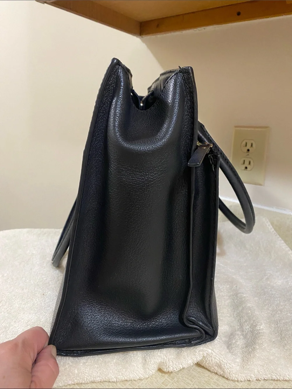 kate spade Black Leather Structured Tote with Gold Plaque